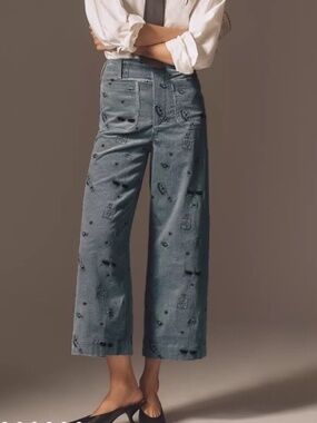 Anthropologie MAEVE The Colette Blue Corduroy Embroidered Wide Leg Pants 26P